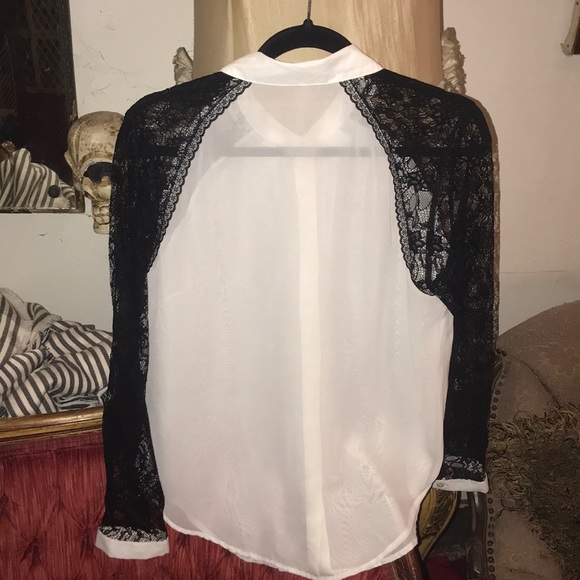 Sheer White Button Up With Lace Sleeves - Picture 4 of 7